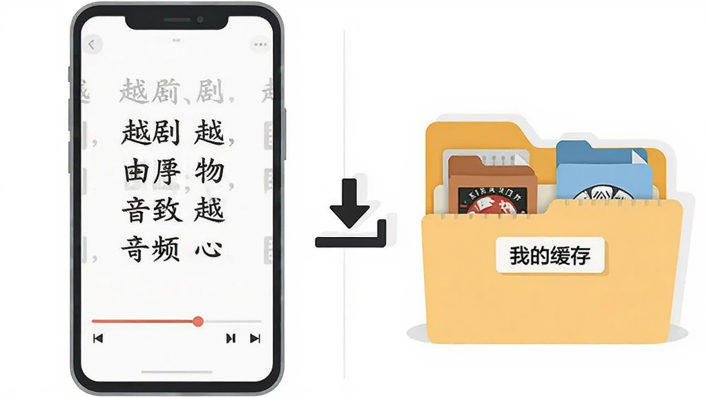 画面主体为一部手机横屏放置,屏幕中显示越剧唱词与播放进度条,手机旁边有一个下载箭头图标指向一个文件夹,文件夹中整齐排列着戏曲音频文件,布局为左右分栏式,风格为简洁扁平化插画风格,细节包括文件夹标签上写有“我的缓存”字样,画质高清,干净,无多余元素