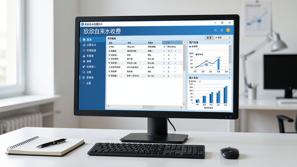 软件主界面全貌展示,画面中央是一台打开的Windows电脑显示器,屏幕上显示着欣欣自来水收费软件水费管理系统的用户管理主界面,左侧为功能菜单栏,右侧为用户信息列表和统计图表,界面采用蓝色商务风格,桌面干净整洁,旁边放着一本记录本和一支笔,办公室环境,自然光线从左侧照入,画质清晰,细节丰富,干净无多余元素