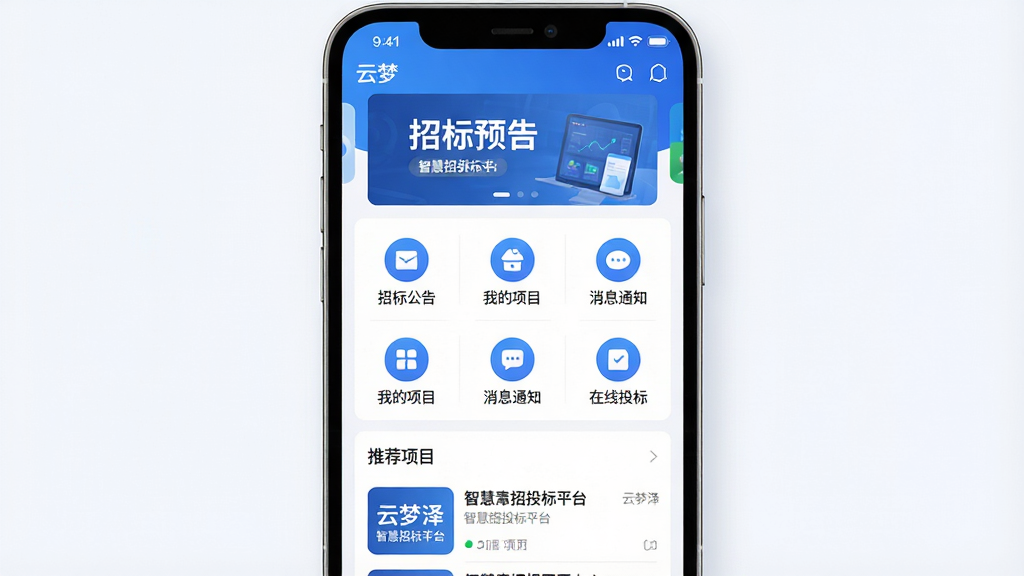 云梦泽智慧招投标平台主界面预览图,主体为一部智能手机屏幕展示App首页,布局上方为轮播招标公告横幅,中部为功能图标矩阵包含招标公告、我的项目、消息通知、在线投标,下方为推荐项目列表,排版整齐清晰,风格为现代商务简约风,细节包含蓝色主色调、白色背景、图标圆角设计、文字标注“云梦泽”与“智慧招投标平台”,画质高清,干净,无多余元素