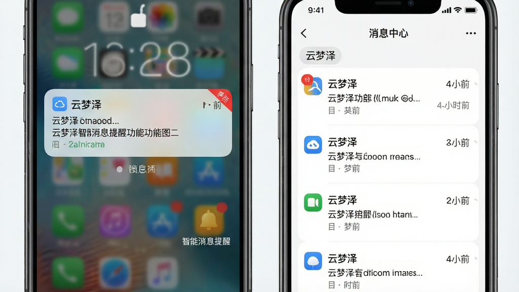 云梦泽智能消息提醒功能界面图,主体为手机锁屏通知与App内消息中心双画面并排,布局左侧展示锁屏弹窗通知,右侧展示消息列表页,排版上下分布,风格为清爽移动端UI风,细节包含红色角标、项目名称摘要、时间戳、图标分类标识、文字标注“云梦泽”与“智能消息提醒”,画质高清,干净,无多余元素