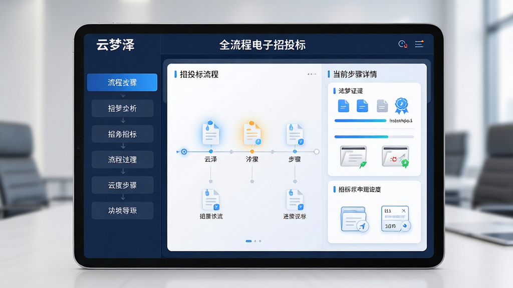 云梦泽全流程电子招投标功能界面展示图,主体为平板电脑屏幕呈现招投标流程时间轴,布局左侧为流程步骤导航,右侧为当前步骤详情,排版采用卡片式分区,风格为科技商务风,细节包含步骤节点高亮、进度条、文件图标、数字证书标识、文字标注“云梦泽”与“全流程电子招投标”,画质高清,干净,无多余元素