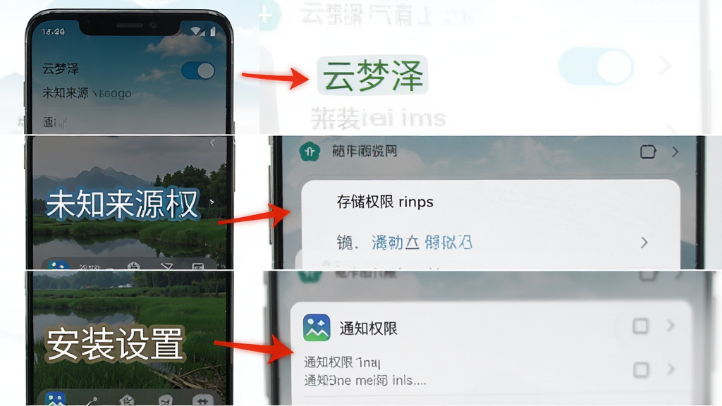 云梦泽App安卓版安装与权限设置步骤截图,主体为手机屏幕展示设置界面,布局从上到下依次为未知来源授权开关、存储权限弹窗、通知权限弹窗,排版为分步截图拼接,风格为移动端教程风,细节包含红色箭头指引、文字标注“云梦泽”与“安装设置”,画质高清,干净,无多余元素