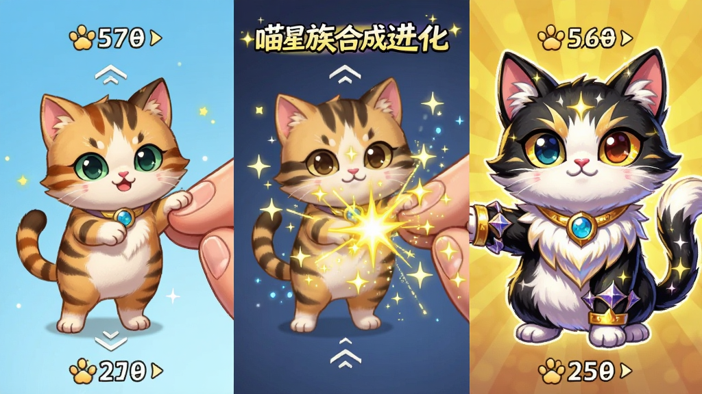 两只相同等级的小猫被手指拖拽合并,中间绽放出星星光芒,合成后出现一只更华丽的大猫,画面中央写着“喵星族合成进化”,布局为横向展示合成前后对比,排版左中右三段式,风格为明亮卡通风格,细节包含等级数字、箭头指示、闪光粒子,画质清晰,干净无多余元素