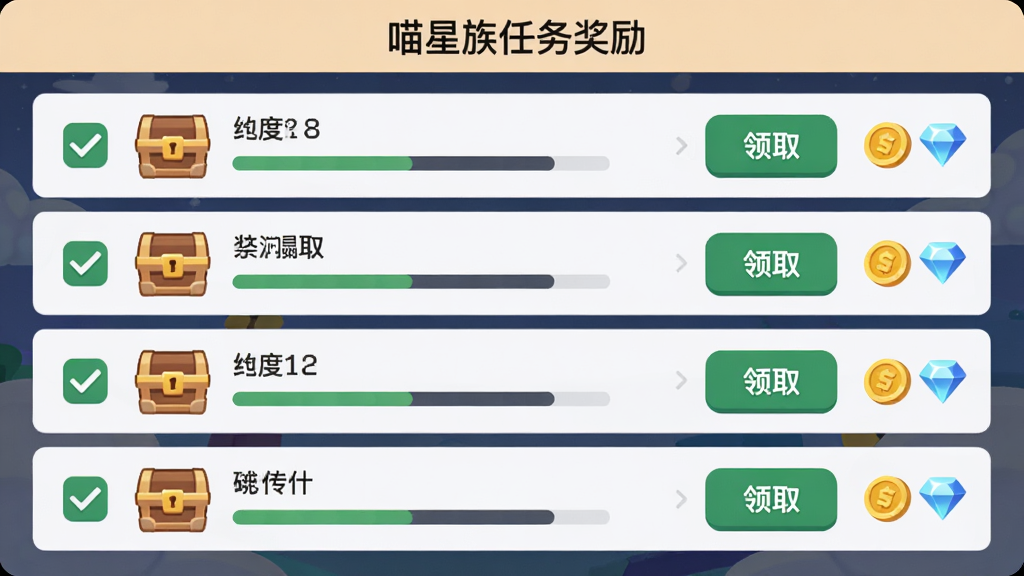 一个任务面板界面,上方写着“喵星族任务奖励”,面板中列出多个任务条目,每条右侧有领取按钮和金币钻石图标,布局为竖版列表式,排版清晰整齐,风格为扁平化UI设计,细节包含勾选标记、进度条、宝箱图标,画质高清,干净无多余元素