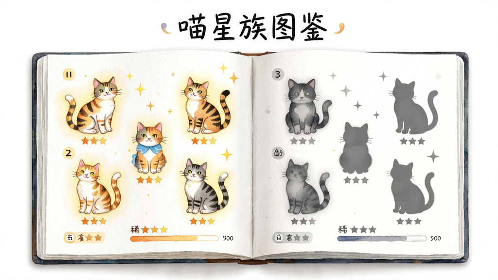 一本展开的猫咪图鉴画册,左页显示已点亮的彩色猫咪插画,右页显示灰色未解锁剪影,画册上方写着“喵星族图鉴”,布局为书本居中展示,排版左右对称,风格为手绘水彩风格,细节包含编号标签、稀有度星星、进度条,画质细腻,干净整洁,无多余元素