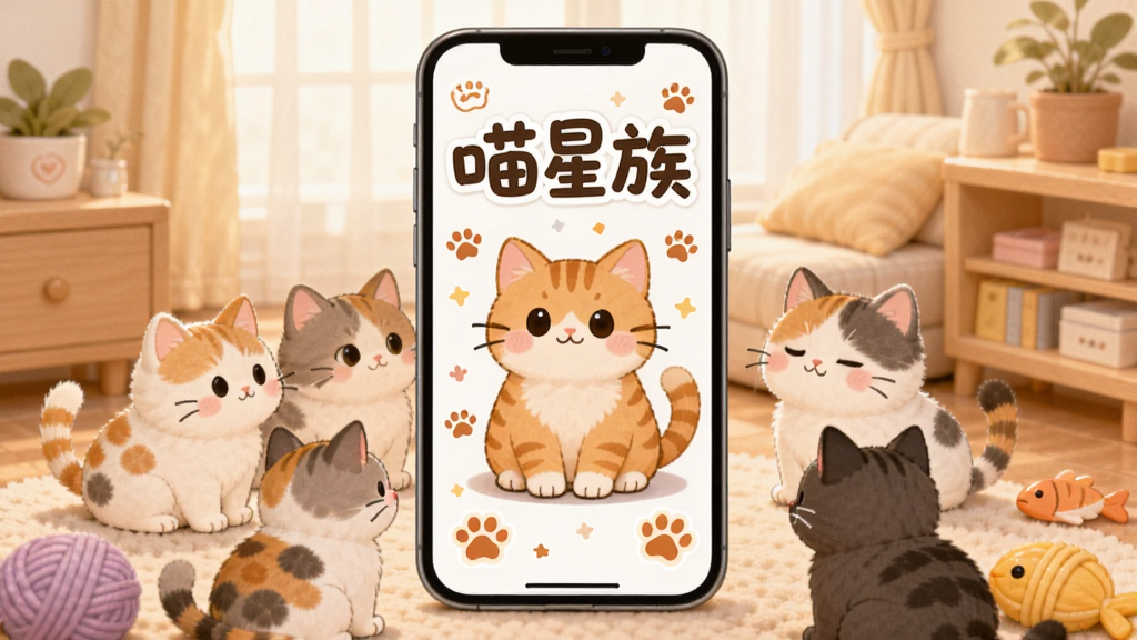 一只可爱的橘猫坐在手机屏幕中央,周围环绕着多只不同花色的小猫,背景是温馨的室内场景,画面中央上方用圆润字体写着“喵星族”,整体布局为竖版手机界面风格,排版居中对称,风格为卡通治愈系插画,细节包括猫爪印、毛线球、小鱼干等元素点缀,画质高清,干净明亮,无多余杂乱元素
