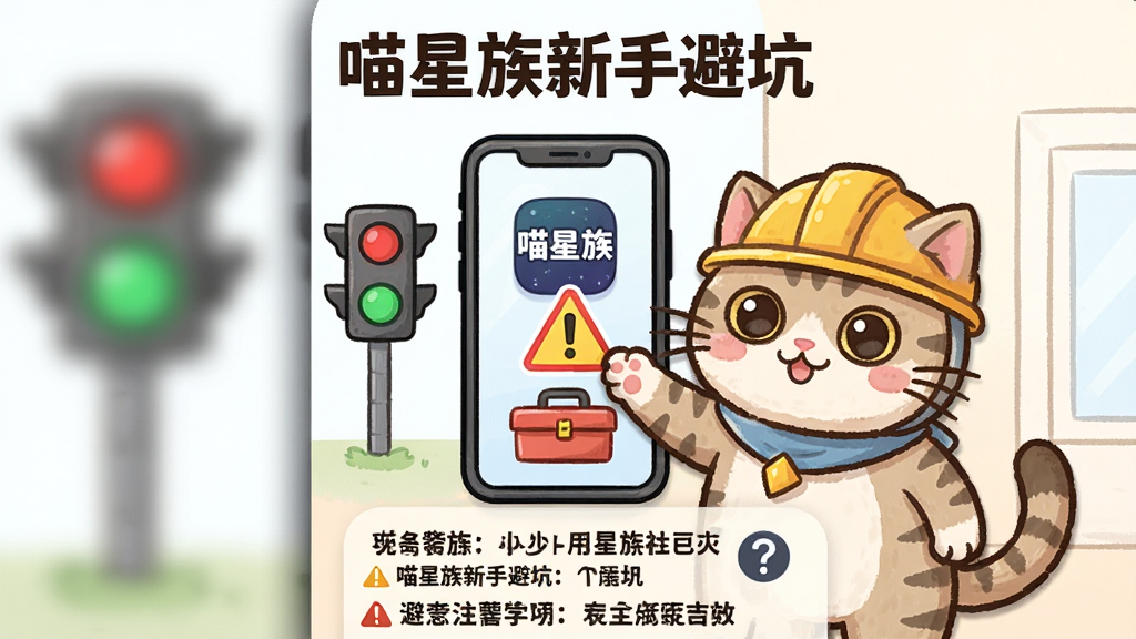 一只戴着安全帽的猫咪站在手机旁边,手机屏幕上显示“喵星族”图标,猫咪用爪子指着屏幕上的警告标志,画面中央写着“喵星族新手避坑”,布局为竖版手机界面加猫咪角色,排版上方为标题、中间为手机、下方为注意事项列表,风格为卡通教育插画,细节包含红绿灯、工具箱、问号图标,画质清晰,干净无多余元素