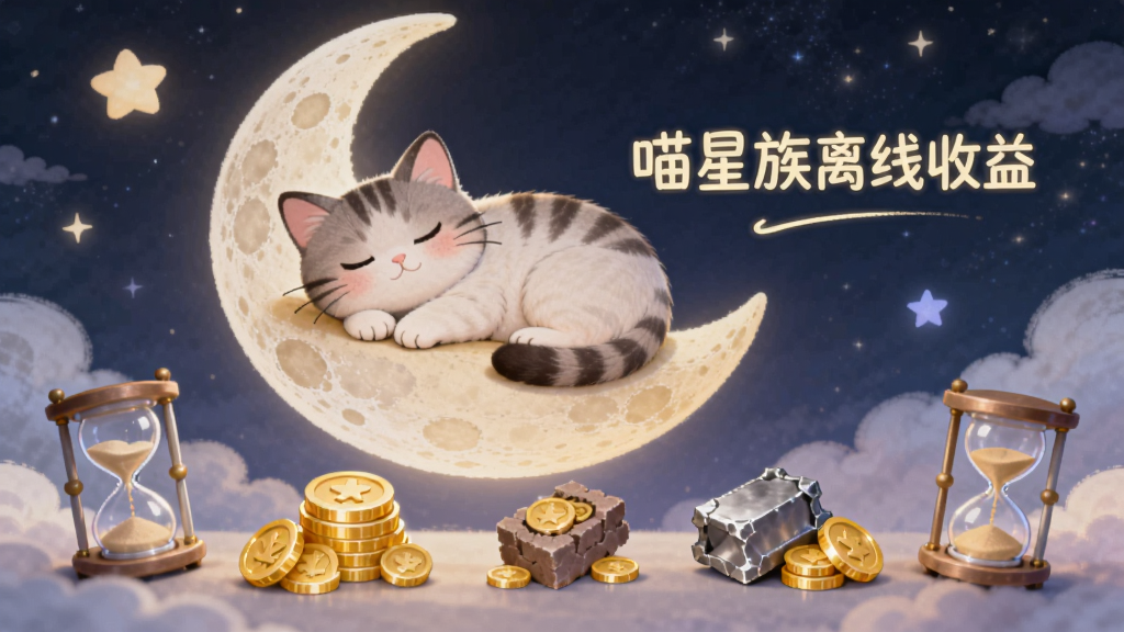 一只猫咪躺在月亮上睡觉,旁边显示“喵星族离线收益”字样,下方有金币和材料堆叠的图标,布局为夜晚场景横版构图,排版上方为月亮和猫、下方为收益物品,风格为梦幻治愈系插画,细节包含星星、云朵、时间沙漏,画质柔和清晰,干净无多余元素