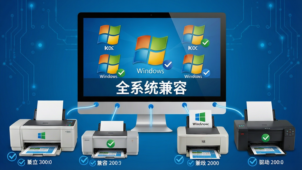 一张展示打印机万能驱动系统兼容性的图片,主体是一台电脑屏幕显示多个Windows系统版本图标,屏幕下方连接着多台不同年代的打印机,布局为上下结构,风格为科技蓝调,细节包括系统Logo、兼容性对勾图标、驱动版本号,画质为高清,干净无多余元素,画面中带有文字“全系统兼容”