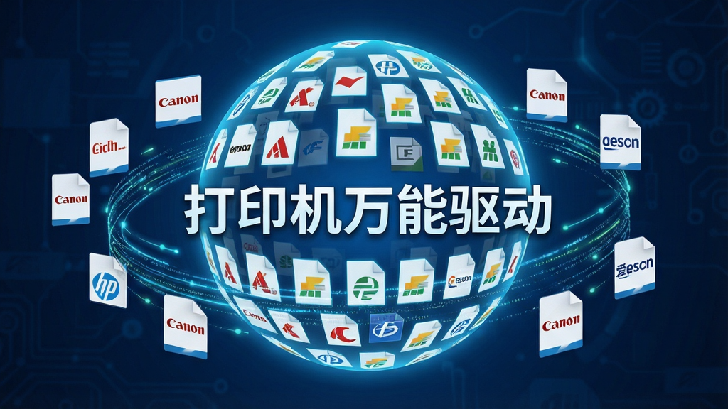 一张展示打印机万能驱动海量数据库概念的图片,主体是一个巨大的发光球体由无数品牌图标与驱动文件图标组成,球体悬浮在深蓝色科技背景中,周围环绕着惠普、佳能、爱普生等品牌Logo,布局为球体居中,风格为未来科技感,细节包括发光的数据流线条、漂浮的驱动文件卡片,画质为高清,干净无多余元素,画面中带有文字“打印机万能驱动”