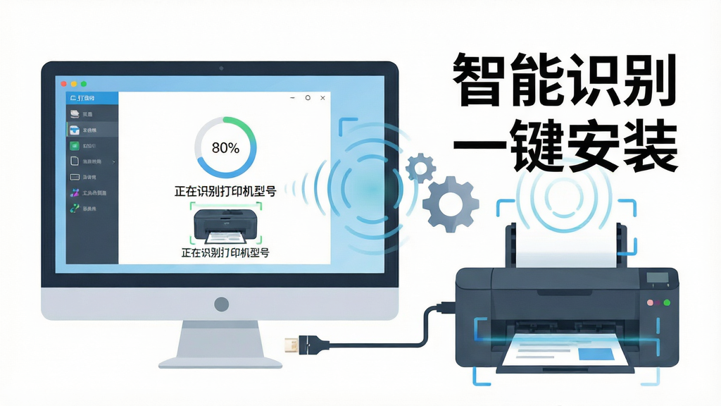 一张展示打印机万能驱动智能识别功能的图片,主体是一台电脑屏幕显示软件正在扫描打印机设备,屏幕上出现进度圈与“正在识别打印机型号”字样,屏幕旁边连接着一台打印机,布局为左右结构,风格为扁平化插画风,细节包括数据连接线、齿轮图标、扫描波纹,画质为高清,干净无多余元素,画面中带有文字“智能识别 一键安装”