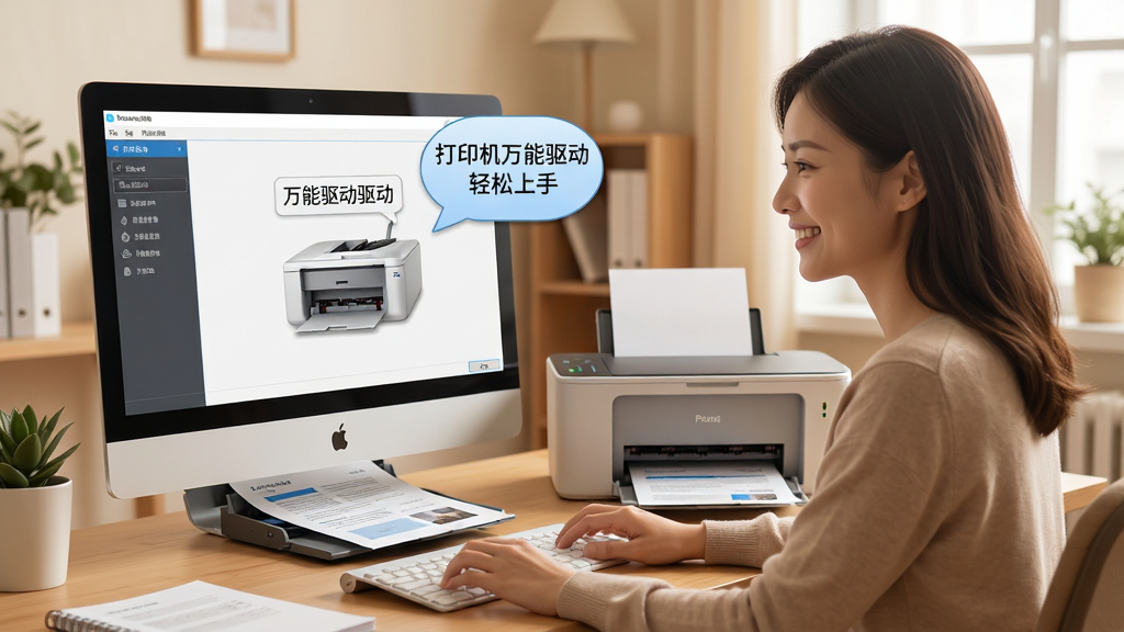 一张展示打印机万能驱动新手操作场景的图片,主体是一位用户坐在电脑前,屏幕上显示打印机万能驱动软件界面,旁边有一台打印机正在打印文档,布局为左中右结构,风格为温馨办公风,细节包括用户微笑表情、软件提示气泡、打印纸输出,画质为高清,干净无多余元素,画面中带有文字“打印机万能驱动 轻松上手”