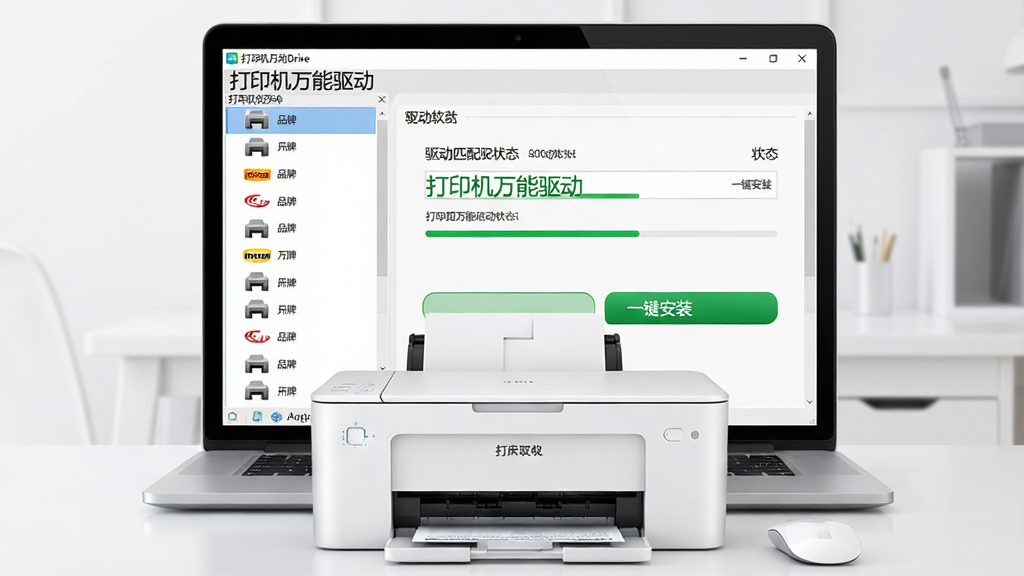 一张展示打印机万能驱动软件界面的图片,主体是一台笔记本电脑屏幕显示着打印机万能驱动软件的主界面,界面布局清晰,左侧为打印机品牌分类列表,右侧为驱动匹配状态与一键安装按钮,屏幕前方摆放着一台白色喷墨打印机,布局采用居中构图,风格为现代科技简约风,细节包括软件界面上的品牌图标、进度条、绿色安装按钮,画质为高清4K,干净无多余元素,画面中带有文字“打印机万能驱动”