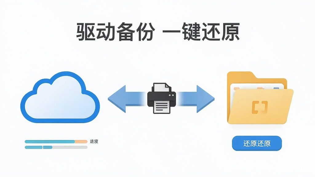 一张展示打印机万能驱动备份与还原功能的图片,主体是一个云朵图标与本地文件夹图标之间有一条双向箭头,箭头中间有打印机图标,布局为横向排列,风格为简约商务风,细节包括备份进度条、还原按钮、文件列表,画质为高清,干净无多余元素,画面中带有文字“驱动备份 一键还原”