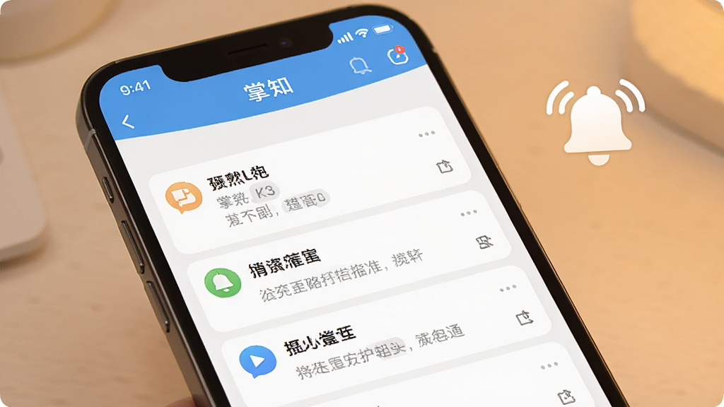 一部手机屏幕中展示掌上K3应用的消息通知中心界面,屏幕上有几条清晰的通知卡片,每条通知带有小图标和简短文字说明,手机旁边有一个铃铛图标,背景为柔和的暖色调,画面整洁有序,高清画质