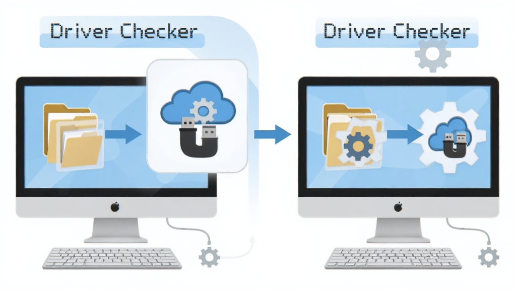 一幅Driver Checker驱动备份与还原功能的示意图,画面左侧是一台电脑正在将驱动文件打包存入一个带有云朵和U盘图标的存储区域,右侧是另一台电脑正在从存储区域恢复驱动,布局为左右对称的流程式构图,风格为简约清新的矢量插画,细节包含文件夹、箭头、齿轮和
