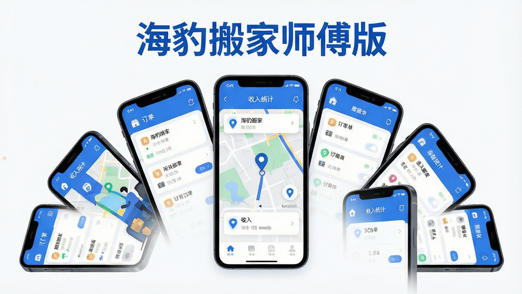 主体是海豹搬家师傅版手机应用界面展示,布局采用多部手机环绕排列形成半圆形状,排版上手机屏幕内显示订单列表、地图导航、收入统计等模块化界面,风格为现代科技感扁平化设计,细节上包含蓝色与白色为主色调的界面元素、图标清晰、文字标注“海豹搬家师傅版”在顶部醒目位置,画质为高清渲染、干净简洁、无多余元素
