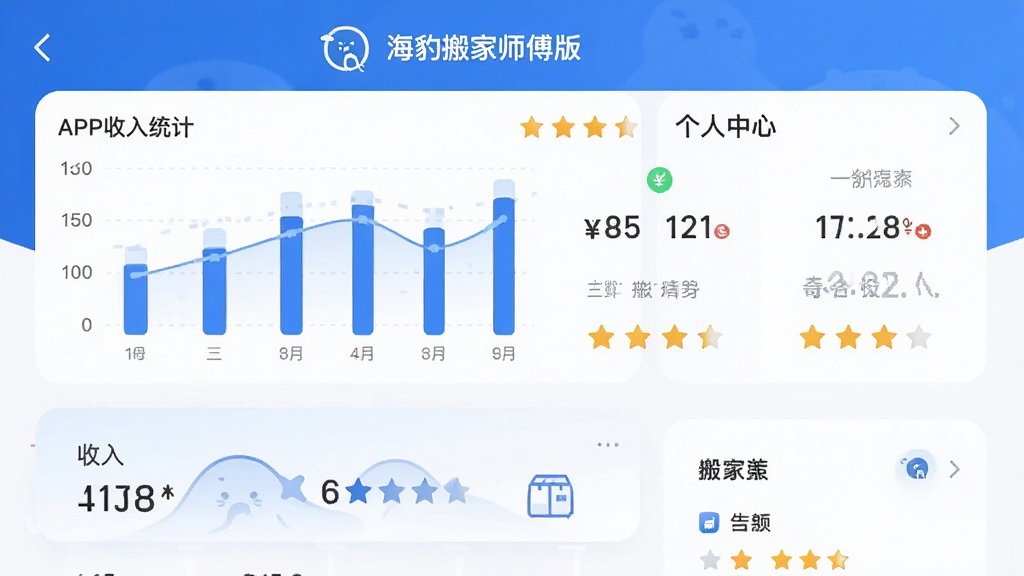 主体是海豹搬家师傅版APP收入统计与个人中心界面,布局为上下结构上方显示收入图表下方显示功能菜单,排版上数据卡片横向排列,风格为清爽简约的移动应用界面风格,细节中包含柱状图、金额数字、星级评分图标、文字标注“海豹搬家师傅版”在页面顶部,画质高清、干净、无多余元素