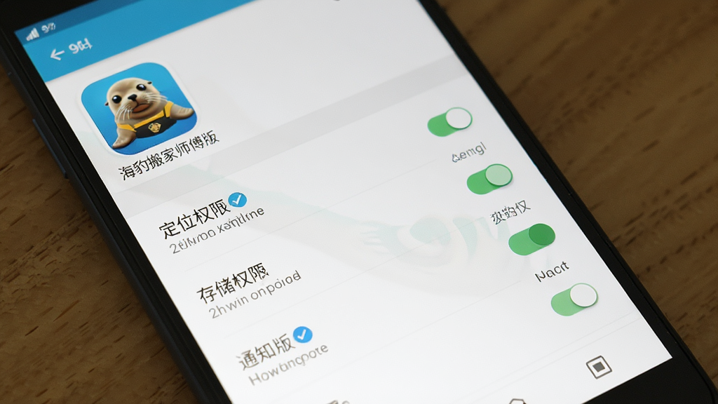 主体是海豹搬家师傅版APP在手机屏幕上的安装与权限设置界面,布局为手机正面展示设置页面,排版上权限开关列表纵向排列,风格为安卓系统设置界面风格,细节中包含定位权限、存储权限、通知权限开关按钮、文字标注“海豹搬家师傅版”在应用图标下方,画质高清、干净、无多余元素