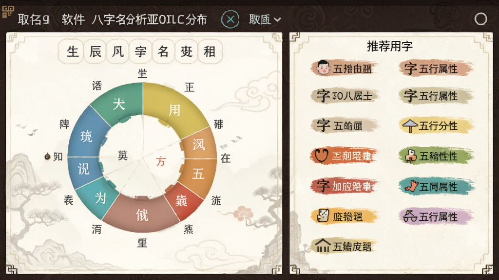 取名软件八字分析界面截图,左侧显示生辰八字与五行分布圆盘,右侧列出推荐用字及五行属性,界面风格古典雅致,标注清晰,画质干净,无多余装饰