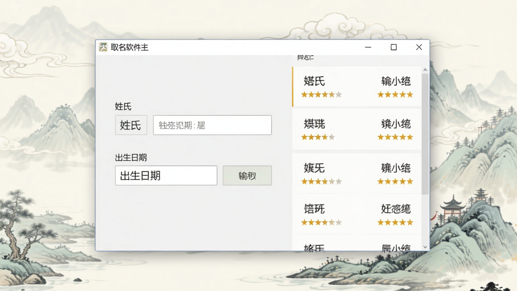 一张展示取名软件主界面的图片,画面中央是软件窗口,窗口内显示输入姓氏和出生日期的区域,右侧罗列多个候选名字及评分星级,背景为淡雅中国风山水图案,整体风格简洁明快,细节清晰,画质干净无多余元素