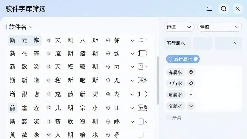 取名软件字库筛选界面,展示汉字列表与筛选条件栏,用户正在勾选五行属水的汉字,界面布局清晰,色彩柔和,画质干净