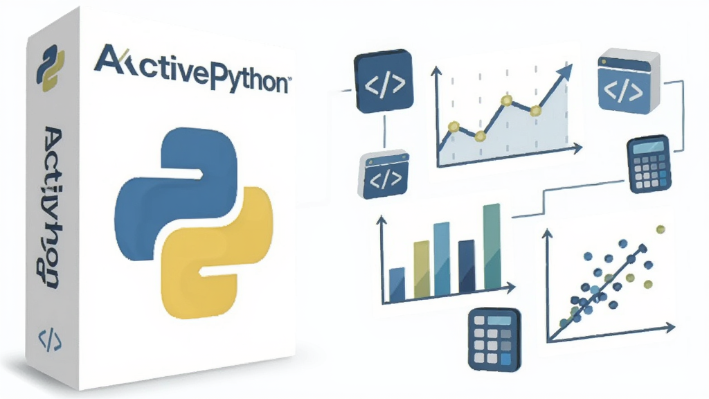 一幅展示数据科学工作流的插画,画面左侧是 ActivePython 的包装盒图标,右侧是折线图、柱状图和散点图漂浮在空中,布局采用左右对比排版,风格为简洁的商务科技风,细节包含代码符号和计算器,画质清晰,背景干净,无多余元素