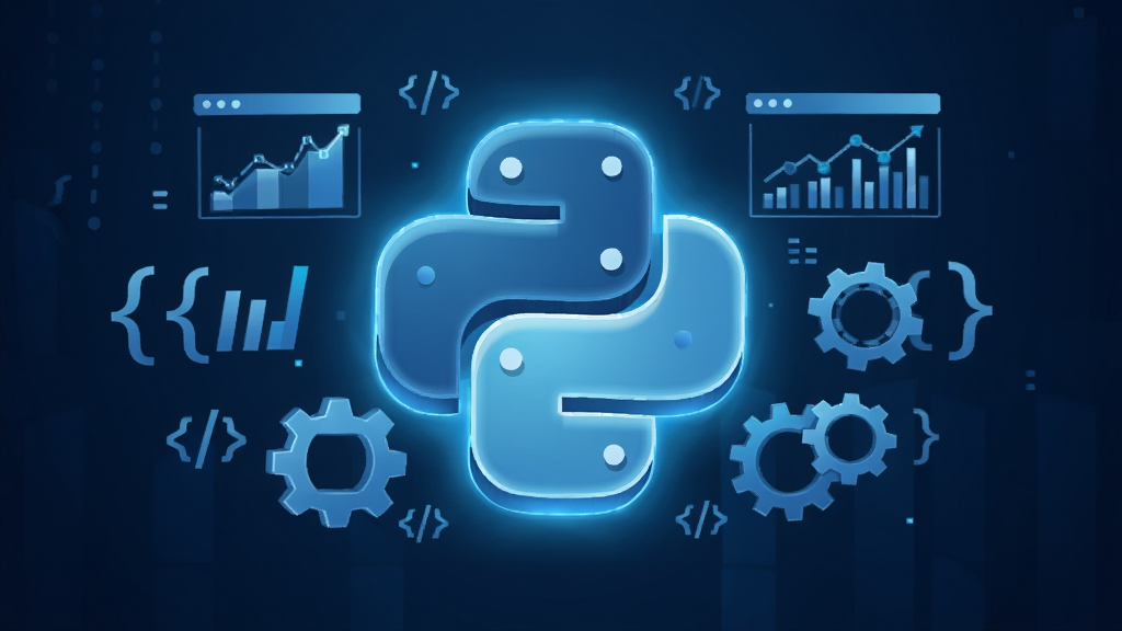 画面中央是一个发着蓝光的立体 Python 标志,周围环绕着齿轮、数据图表、代码括号和齿轮图标,背景是深蓝色的科技感渐变,布局采用中心对称排版,风格为现代扁平化科技插画,细节上体现编程与自动化元素,画质高清,画面干净,无多余元素