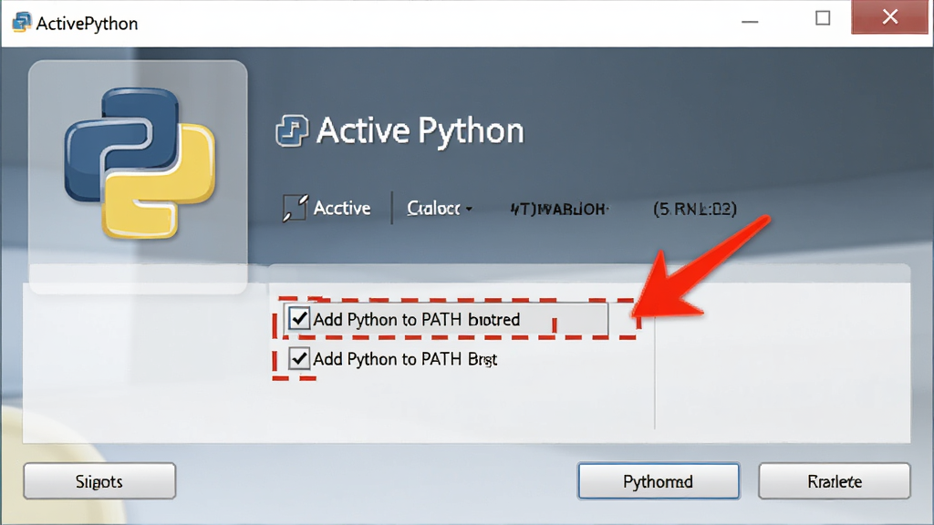 一张电脑屏幕截图风格的插画,画面显示 ActivePython 安装向导界面,高亮勾选“Add Python to PATH”选项,旁边有红色警示标记和箭头指向,布局为屏幕居中,风格为写实软件界面风,细节清晰展示按钮文字,画质高清,画面干净,无多余元素