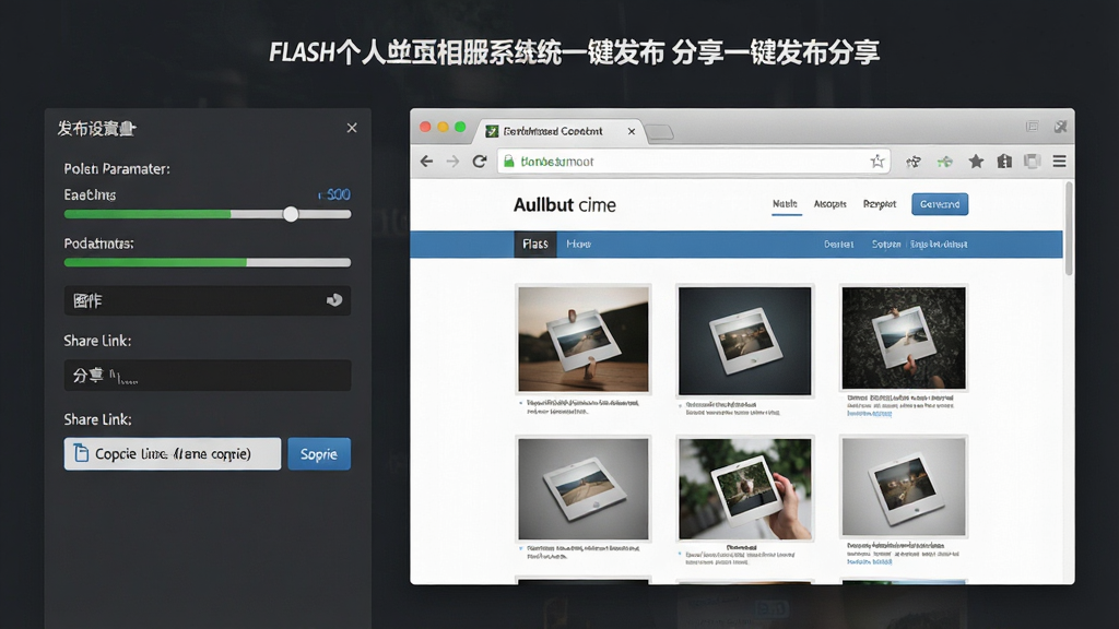 一张展示Flash个人主页相册系统一键发布与分享功能的图片,主体为软件中的发布设置界面与生成的网页预览,布局为左侧发布参数设置面板、右侧浏览器中的相册主页效果展示,排版清晰直观,风格为现代网页设计风格,细节包括发布进度条、分享链接复制按钮、响应式页面预览,画质高清,画面干净,无多余元素