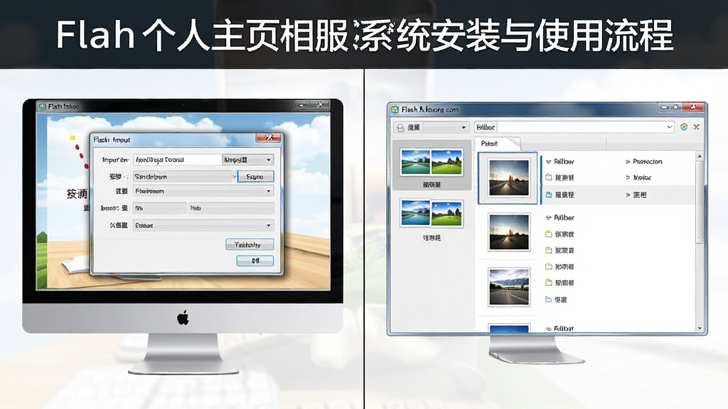 一张展示Flash个人主页相册系统安装与使用流程的图片,主体为电脑屏幕上软件安装向导与操作界面并排展示,布局为左侧安装步骤截图、右侧软件主界面截图,排版清晰对比,风格为教程类图文排版,细节包括安装路径选择对话框、导入照片按钮、相册列表界面,画质高清,画面干净,无多余元素