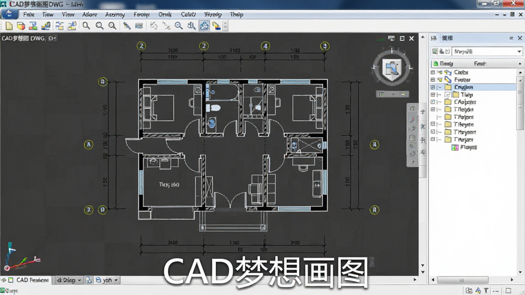 一张展示CAD梦想画图打开DWG文件后的界面截图,画面中显示一张建筑平面图,墙体、门窗、标注清晰可见,图层管理器面板展开显示多个图层名称,图片底部带有“CAD梦想画图”水印文字,风格为软件界面写实截图,细节包含尺寸标注与轴线编号,画质高清,干净无多余元素