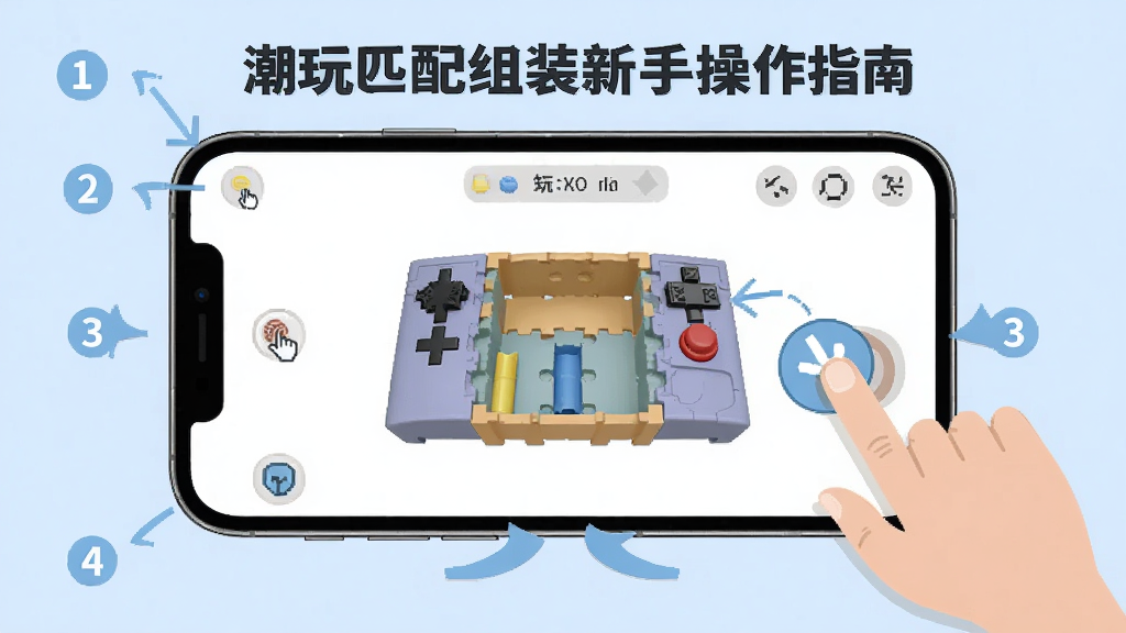 一张展示潮玩匹配组装新手操作指南的示意图,画面中一部手机横屏显示拼装界面,旁边有手指点击和拖拽的图标指示,背景是淡蓝色,带有步骤数字标签,整体风格简洁明了,画质清晰干净,无多余元素