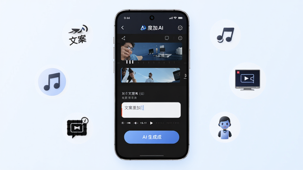 画面中央展示一部智能手机,手机屏幕中显示度加AI软件的操作界面,界面内有视频轨道、文字输入框和AI生成按钮,手机周围环绕着代表文案、音乐、字幕、数字人的小图标,背景为浅蓝色渐变,整体风格简洁科技感,细节清晰,画质干净无多余元素