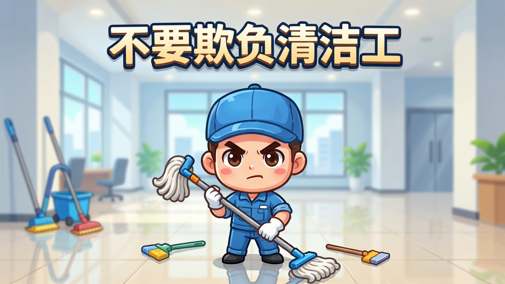 画面中央是一位穿着蓝色工作服、手持拖把的卡通清洁工,背景是干净明亮的写字楼大厅,布局采用竖版手机游戏界面风格,排版上清洁工位于画面中心偏下,上方有游戏标题文字“不要欺负清洁工”,风格为Q版卡通休闲游戏宣传图,细节包括清洁工坚毅的表情、周围散落的清洁工具、光洁的地板反光,画质清晰明亮,干净整洁,无多余元素