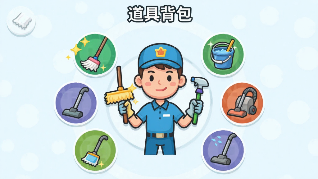 画面展示一个游戏内的道具选择界面,中央是卡通清洁工手持各种清洁工具,布局为环形排列的道具图标围绕角色,排版上方有“道具背包”文字,风格为扁平化游戏UI设计,细节包括闪闪发光的拖把、水桶、吸尘器图标,画质清晰,界面干净,无多余元素