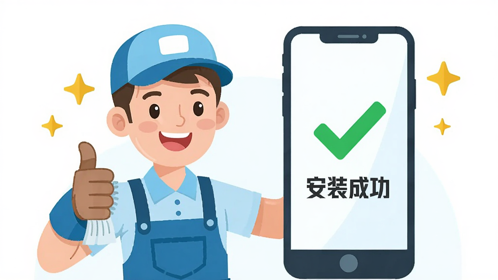 一位卡通清洁工站在手机屏幕前竖起大拇指,屏幕中显示“安装成功”的绿色对勾,布局为清洁工在左、手机在右,排版简洁,风格为清新扁平化插画,细节包括清洁工开心的表情、手机屏幕上的对勾图标、周围的小星星装饰,画质干净明亮,无多余元素