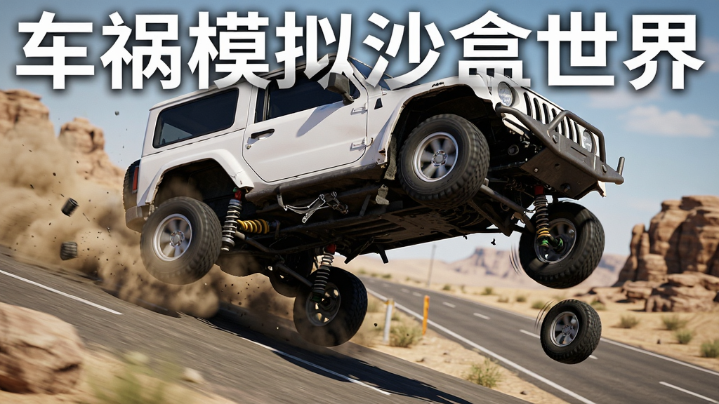 一辆白色越野车从斜坡高速冲出后在空中翻滚,车身严重变形,背景是沙漠公路和岩石,布局为侧面追踪视角,风格为3D写实渲染,细节包括悬挂断裂、车轮飞出、尘土飞扬,画质高清干净,画面中带有文字