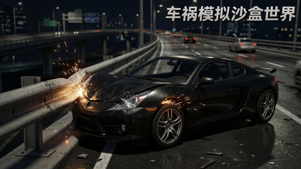一辆黑色跑车与护栏发生侧面碰撞,画面定格在碰撞瞬间,车身凹陷、火花四溅,背景是夜晚城市高架桥,布局为特写镜头,风格为3D夜景写实,细节包括车灯碎裂、护栏变形、路面反光,画质清晰干净,画面中带有文字