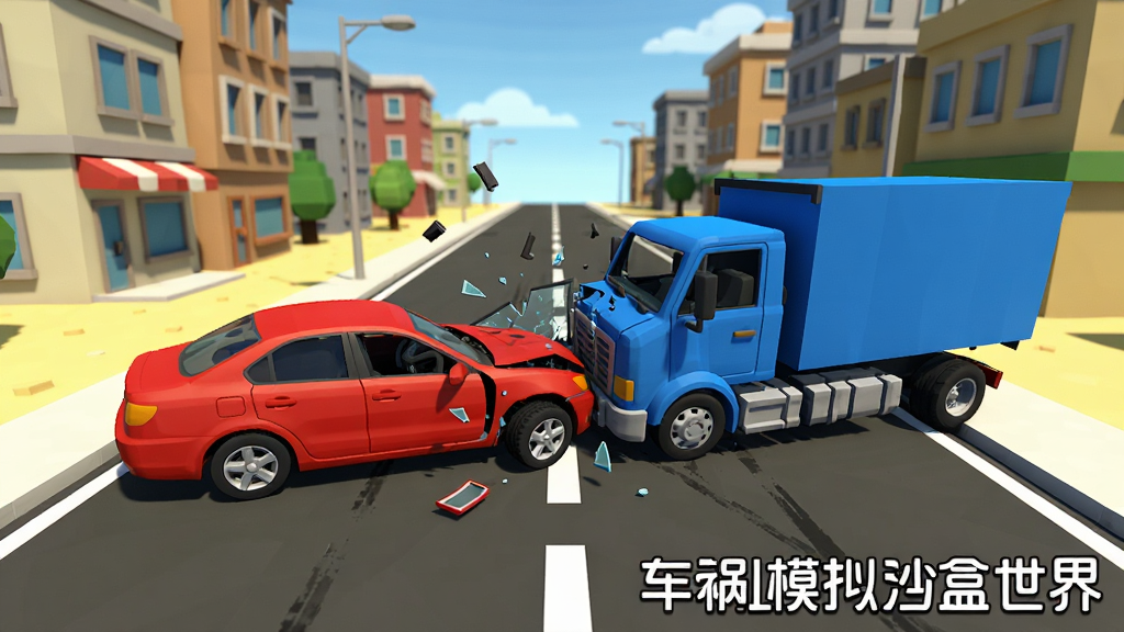 画面中央是一辆红色轿车与一辆蓝色卡车在沙盒城市道路上发生碰撞,车身碎片飞溅,背景是低多边形风格的城市建筑和蓝天,布局采用俯视斜角视角,风格为3D卡通写实混合,细节包括轮胎脱离、玻璃碎裂、路面划痕,画质清晰干净,画面中带有文字