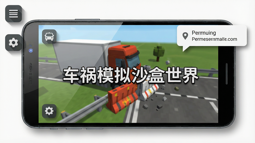 一部安卓手机横屏显示车祸模拟沙盒世界的游戏画面,画面中一辆卡车正在撞击路障,手机周围有设置菜单图标和权限提示气泡,布局为手机正面展示,风格为扁平化科技风,细节包括手机边框、屏幕反光、图标阴影,画质清晰干净,画面中带有文字