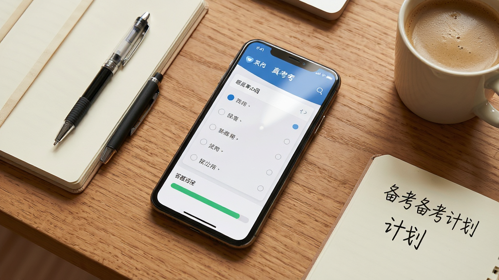 主体为一部智能手机放在木质书桌上,屏幕显示软考真题APP的题库练习界面,界面中包含选择题选项与答题进度条;布局采用俯视微倾斜视角,手机居中,周围摆放笔记本、签字笔与一杯咖啡;排版简洁清晰,突出手机屏幕内容;风格为现代简约学习场景风,暖色调光线;细节包括手机屏幕反光自然、桌面纹理清晰、笔记本上写有备考计划字样;画质高清,干净,无多余元素