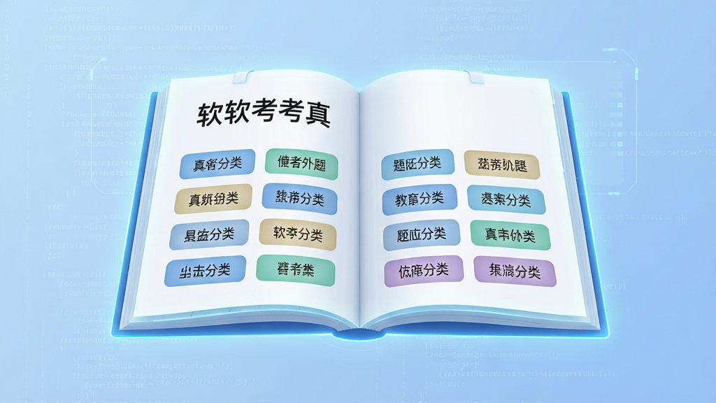 主体为一本翻开的电子题库册子悬浮在屏幕中央,书页上显示软考真题字样与各类题目分类标签;布局为居中对称,背景为淡蓝色渐变;排版整齐,标签呈网格排列;风格为科技教育风,简洁明亮;细节包括书页边缘微微发光、分类标签清晰可读、背景有淡淡的代码纹理;画质高清,干净,无多余元素
