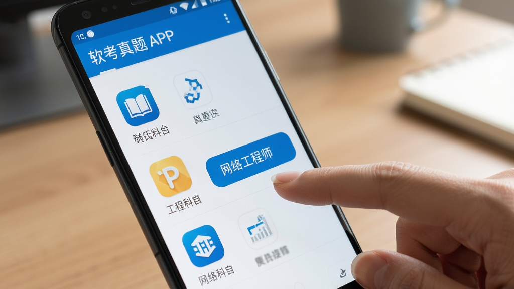 主体为一部安卓手机显示软考真题APP的科目选择界面,旁边有一只手正在点击屏幕上的网络工程师科目按钮;布局为手机屏幕占画面主体,手部动作自然;排版突出科目列表与点击交互;风格为生活化学习场景,光线柔和;细节包括屏幕上的科目图标清晰、手指指甲干净、背景为虚化的书桌;画质高清,干净,无多余元素