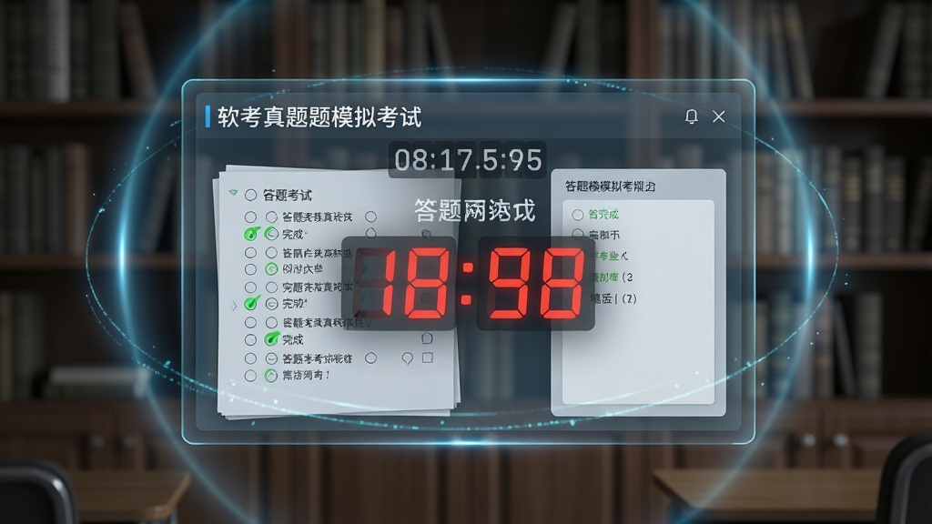 主体为一个虚拟考场场景,中央悬浮一块显示软考真题模拟考试界面的半透明屏幕,屏幕上有倒计时与答题卡;布局为屏幕居中,四周环绕着淡淡的数字光晕;排版突出考试界面与倒计时元素;风格为严肃考试氛围与科技感结合;细节包括答题卡上部分题目标记完成、倒计时数字清晰、背景有轻微虚化的书架;画质高清,干净,无多余元素