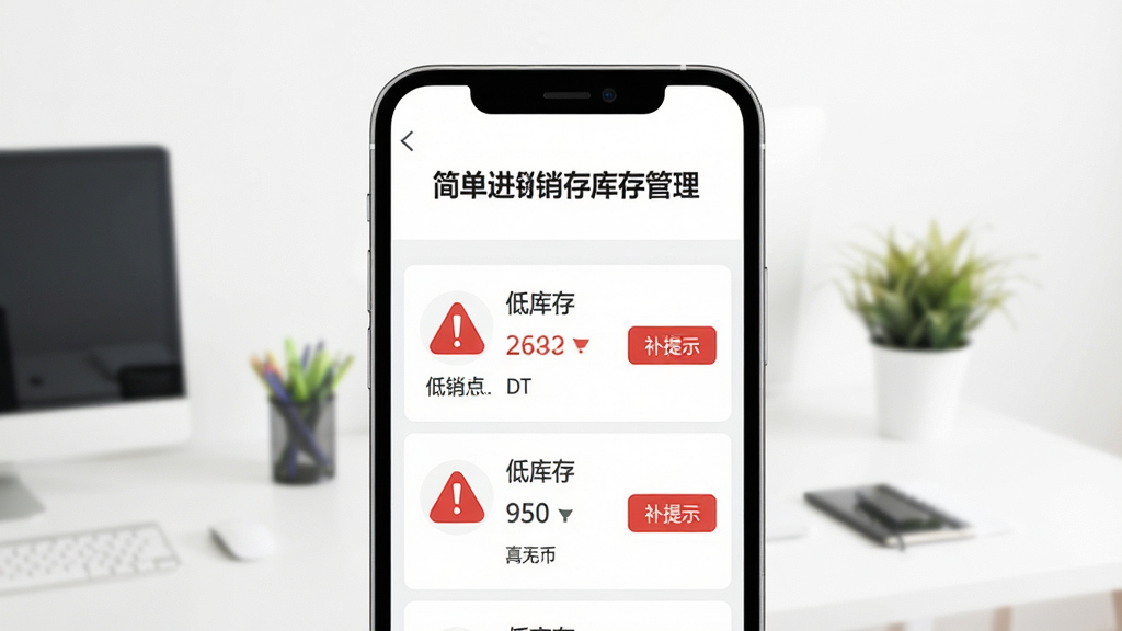 手机屏幕显示“简单进销存库存管理”的库存预警界面,红色感叹号标记低库存商品,旁边有补货提示按钮。背景为简洁的白色办公环境,风格扁平化。布局以手机界面为主,排版清晰,细节突出预警图标和数字,画质干净,无多余元素。