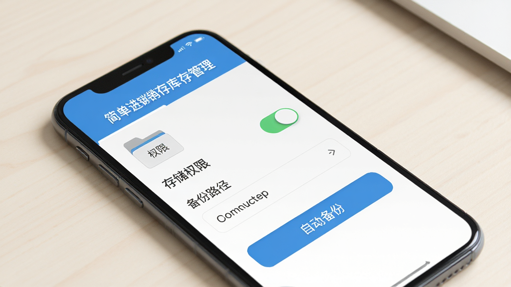 手机屏幕展示“简单进销存库存管理”的设置页面,包含存储权限开关、备份路径选择、自动备份按钮。背景为干净的浅色桌面,风格扁平化。布局以手机界面为主,排版清晰,细节突出开关状态和文件夹图标,画质高清,干净无多余元素。