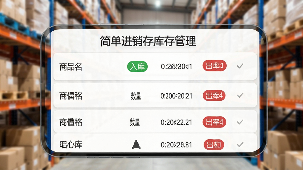 手机屏幕展示“简单进销存库存管理”的出入库记录列表,每条记录包含商品名、数量、时间、类型标签。背景为仓库货架虚化场景,风格写实明亮。布局采用纵向列表排版,细节突出绿色入库和红色出库标识,画质高清,干净整洁,无多余装饰。