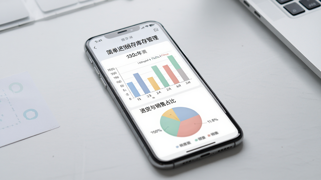 手机屏幕呈现“简单进销存库存管理”的统计图表页面,包含柱状图和饼图展示进货与销售占比。背景为浅灰色桌面,风格简约商务。布局以手机为中心,图表色彩柔和,细节清晰,画质高清,干净无杂乱。