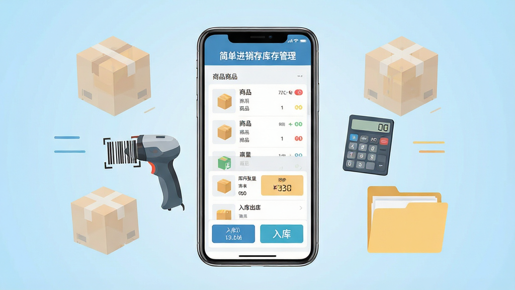画面中央放置一部智能手机,手机屏幕显示“简单进销存库存管理”应用主界面,界面包含商品列表、库存数量、入库出库按钮等模块。手机周围环绕半透明的商品包装盒、扫码枪、计算器、文件夹等元素,以扁平化插画风格呈现。背景为干净的浅蓝色渐变,整体布局居中对称,排版清晰有序。细节上突出界面UI的按钮和数字,画质高清,干净整洁,无多余元素。